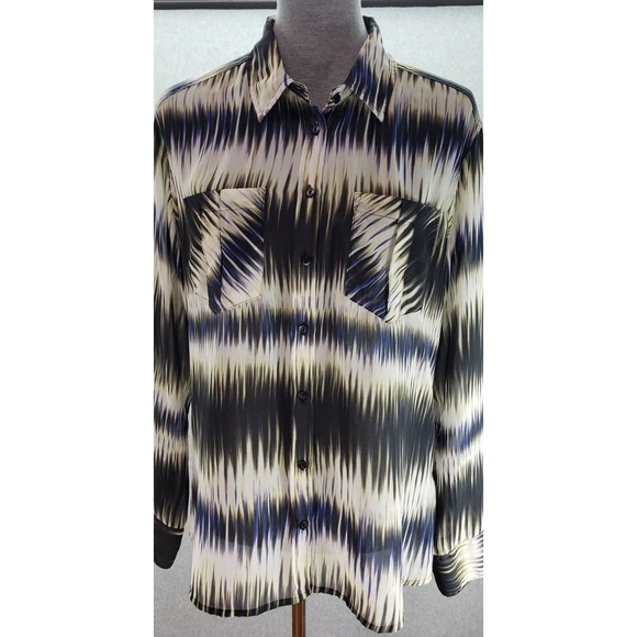 Guess Los Angeles Button Up Top Sheer Womens Size L Black Multi Abstract Print - Picture 6 of 9